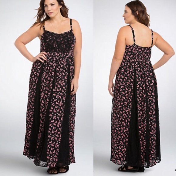torrid Dresses & Skirts - Torrid Black Pink Floral Maxi Dress with Lace Inserts